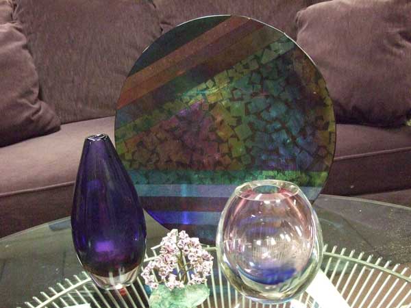 Glass plate and vases in cool purples and blue colors